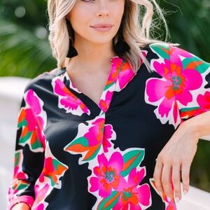 Hazel Anthropologie Floral Blouse Top V-Neck Garden Girl Pink Black Size Large